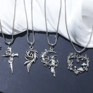 Gothic Vintage Silver Zinc Alloy Pendant Necklace Witch On Moon Mushroom Heart Thorns Cross Floral Jewelry For Women Men