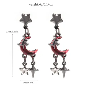 Detailed dimensions and weight of cool gothic red crescent and star dangle earrings for women