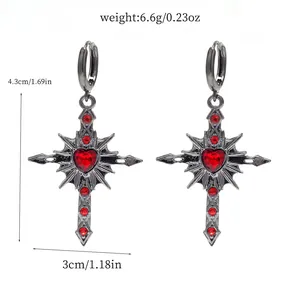 Gothic dark metal cross drop earrings with red heart gemstone and size annotations