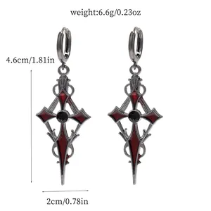 Gothic blood moon cross dagger earrings with red enamel and dimensions 4.6cm x 2cm