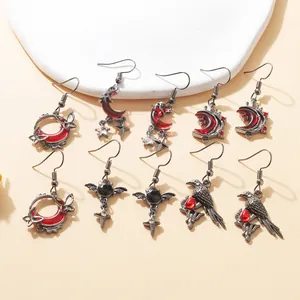 Gothic Dark Blood Moon Butterfly Dangle Earrings For Women Cool Girl Raven Bat Heart Cross Alloy Rhinestone Earrings Y2K Punk Jewelry