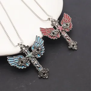 Detailed close-up of luminous star and angel wings cross necklaces in blue and red
