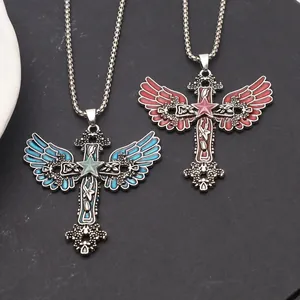 Gothic Luminous Star Angel Wings Cross Pendant Necklace Vintage Punk Zinc Alloy Enamel Long Sweater Chain Necklace For Unisex Everyday Jewelry