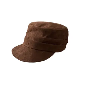 Elegant British style brown pleated suede equestrian hat flat top newsboy cap for women