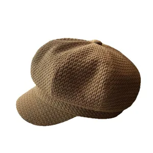 Elegant British style brown newsboy beret hat for women with textured woven fabric