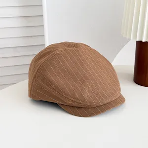 Béret rétro à rayures marron casquette plate mixte stylée