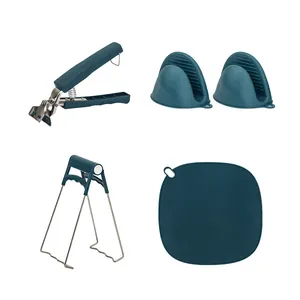 5-piece teal anti-scald kitchen set with plate gripper, bowl clip, and silicone mitts