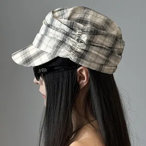 Vintage British Style Plaid Newsboy Cap For Women Pleated Lyocell Flat Top Hat Adjustable Literary Retro Baker Boy Hat