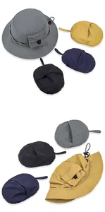 Detailed view of foldable water-repellent bucket hat with its compact storage pouch design