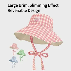 Sombrero de Pescador Reversible de Gingham para Mujer Ala Ancha Lyocell Protección Solar Con Lazada Estilo Fresco