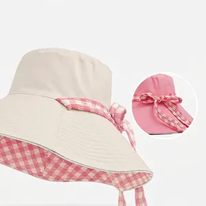 Elegante sombrero de sol reversible para mujer a cuadros con ala ancha y lazo decorativo