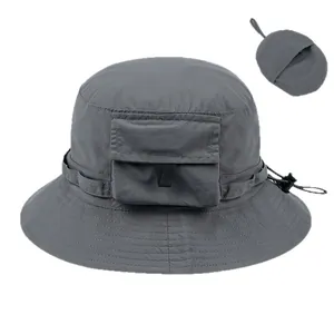 Foldable gray waterproof bucket hat for outdoor summer sun protection with pocket