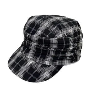 Vintage black and white plaid pleated flat top cadet cap for women stylish newsboy hat
