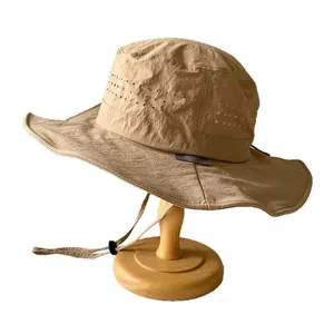 Japanese style khaki breathable outdoor sun bucket hat with adjustable chin strap