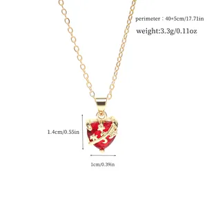 Detailed view of the red heart pendant with thorns and specifications on a gold chain