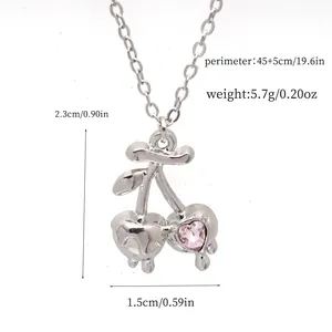 Detailed view of silver cherry necklace with pink heart crystal and measurements