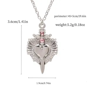 Silver heart dagger pendant necklace with pink rhinestones and size details
