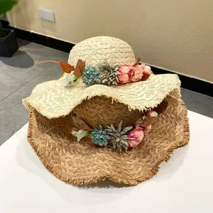 Women Handmade Woven Daisy Flower Straw Hat Summer Beach Large Brim Sunshade Vacation Raffia Paper Straw Hat With Floral Wreath