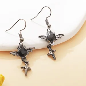 Gothic black bat wing earrings with dangling cross charm and sparkling crystal detail