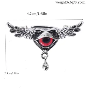 Vintage silver punk wing ring featuring red demon eye and teardrop crystal with dimensions