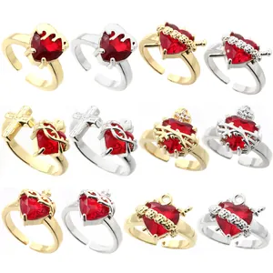 Vintage Gothic Copper Crown Heart Open Ring Red Rhinestone Sacred Heart Statement Adjustable Ring For Women Street Wear Jewelry Gift