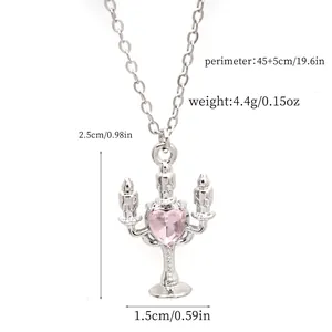 Detail view of silver chandelier pendant necklace with pink heart crystal and dimensions.