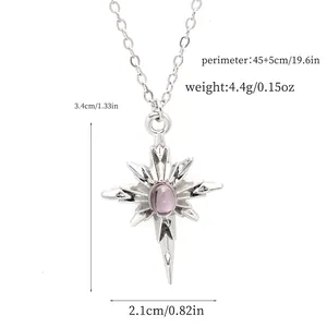 Detailed view of pink stone starburst pendant necklace with dimension markings.