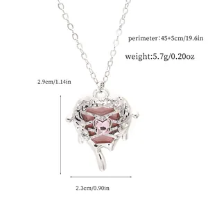 Silver alloy heart necklace with pink butterfly crystal and detailed size measurements