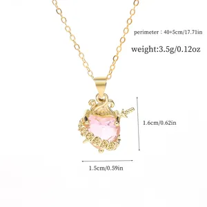 Detail view of pink heart crown necklace showing size measurements and weight parameters