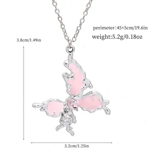 Detailed view of pink butterfly pendant necklace with dimensions and weight info