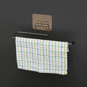 Soporte de pared para paños de cocina sin taladro en acero inoxidable con toalla a cuadros