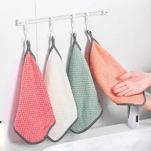 Hanging Coral Fleece Hand Towel Soft Highly Absorbent Pineapple Weave Dishcloth with Checkered Edging for Kitchen Bathroom