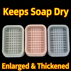 Set of 3 double-layer draining soap dishes in green, pink, and grey for bathroom