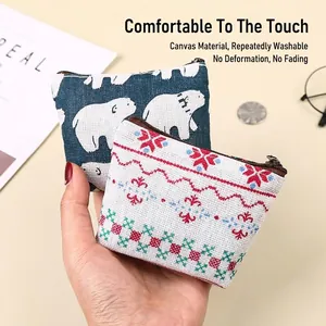 Mini Canvas Coin Purse Portable Cartoon Animal Print Zipper Wallet For Coins Keys Earphones Small Change Pouch For Women Men