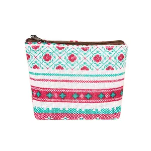 Cute canvas coin pouch with ethnic floral pattern and mini portable zipper closure