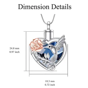 Heart pet urn pendant with hummingbird and rose detail, 24.8mm x 18.3mm size