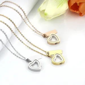 Stainless steel heart urn necklace with glass window and rectangle bar tag detail