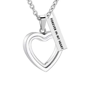 Detailed view of silver heart urn necklace with Forever in My Heart tag