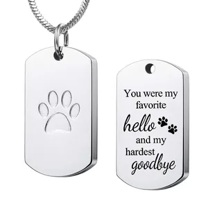 Detailed view of silver cremation pendant with paw print and memorial engraving.
