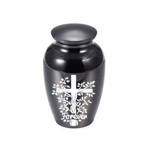 Memorial black cremation urn with white cross and Forever engraving for pet or human ashes