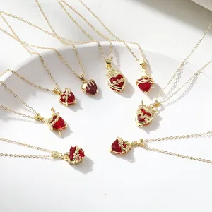 Elegant Sacred Heart Thorns Rose Cross Heart Pendant Necklace For Women Gothic Fairy Style Gold Plated Copper Rhinestone Jewelry Gift