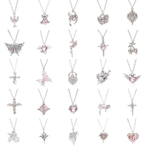 Sweet Zinc Alloy Pink Rhinestone Pendant Necklace For Women Girls Butterfly Heart Cross Y2K Ins Style Silver Plated Chain Necklace Jewelry Gift