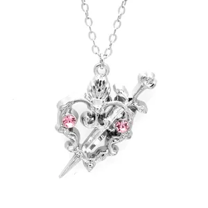 Stylish silver alloy heart and sword pendant necklace with sparkling pink rhinestones