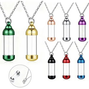 Stainless Steel Cremation Pendant Necklace Clear Glass Tube Urn Keepsake For Pet Loved Ones Ash Hair Memorial Jewelry