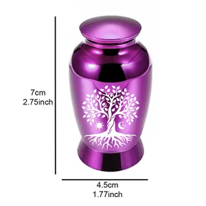 Lila Haustier Urne aus Aluminium mit Lebensbaum Gravur und 7cm Höhenangabe auf Bild
