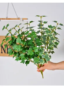 Close-up van een hand met realistische kunstmatige groene klimopbladeren voor huis