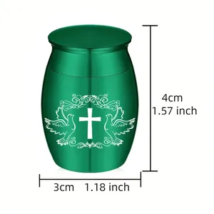 Detail view of small green aluminum cremation urn for ashes with 4x3cm size dimensions