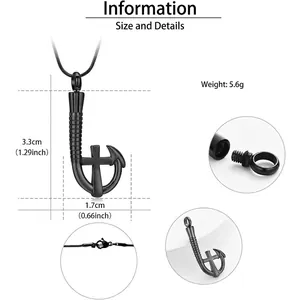 Elegante Halskette mit Angelhaken-Anhänger für Asche aus schwarzem Edelstahl mit Kreuz