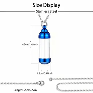 Detailed size diagram of blue stainless steel memorial urn necklace for human or pet ashes