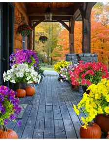 Colorful artificial morning glory flowers arranged on an autumnal wooden porch with pumpkins.